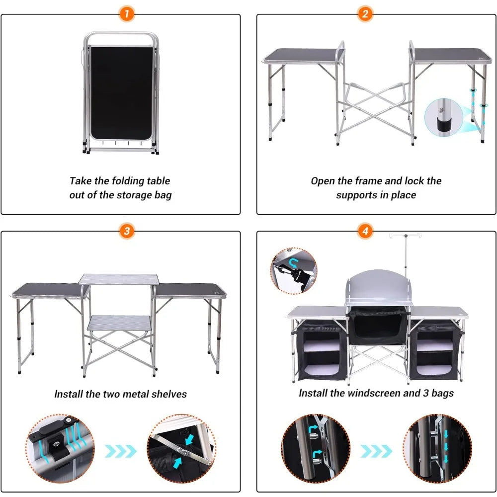 Camping Kitchen Table, Upgrade Light Stand and Windshield Cooking Station