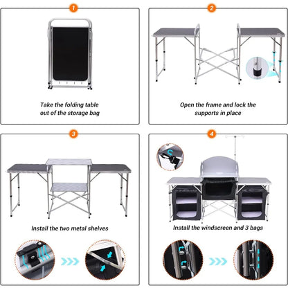 Camping Kitchen Table, Upgrade Light Stand and Windshield Cooking Station