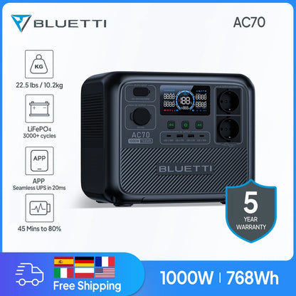 BLUETTI AC70 768Wh 1000W Portable Power Station Solar Generator